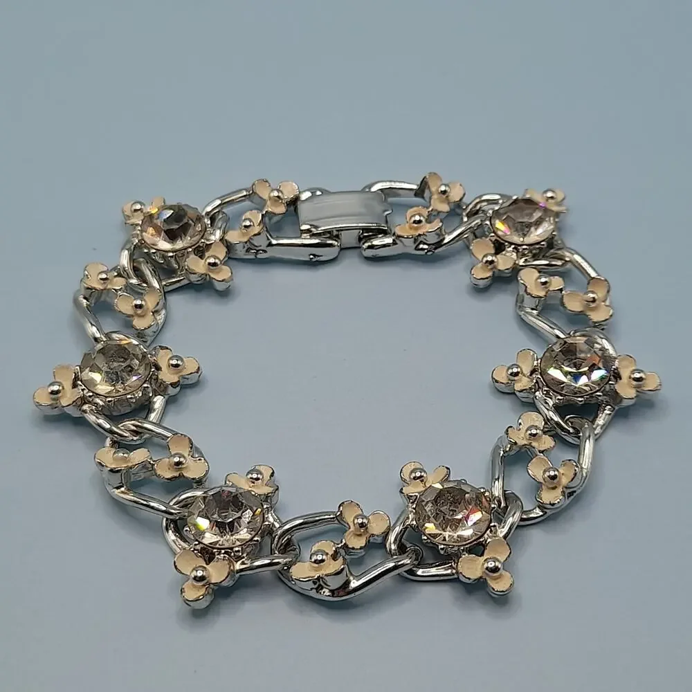 Vintage Creamy White Flower Bracelet, Clear Rhinestones, Mid-Century